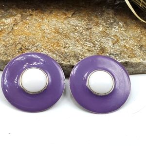 Designer Signed Marcy Feld Stud Clip-On Earrings Circle Shield Purple Enamel